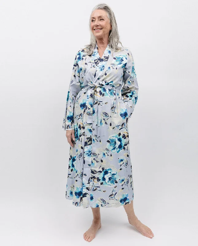 Maeve Lace Trim Grey Floral Print Long Dressing Gown Tunics Chinos classic