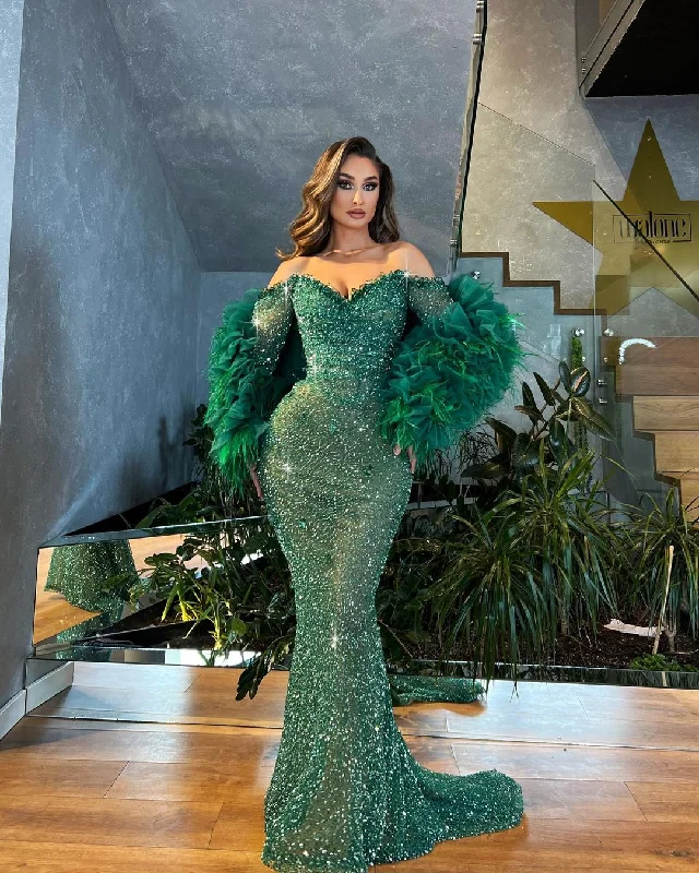 Off Shoulder Sleeves Green Beaded Dress with Feathered Cape Tunics Long Elegant