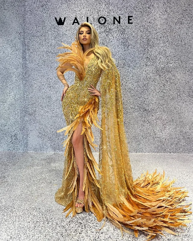 One Shoulder Cape Yellow Dress with Feathers Tunics Polka dots