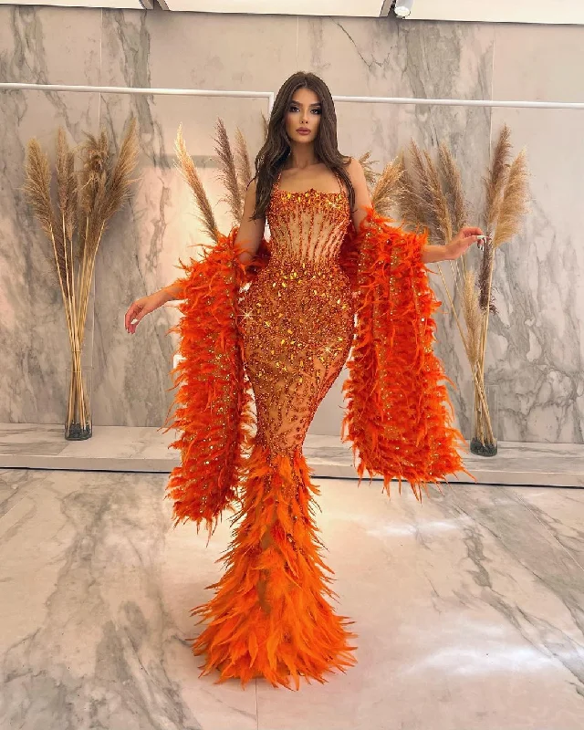 Orange Adorned Dress with Feathered Cape Tunics Business professional