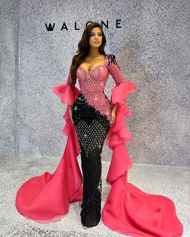 Pink & Black Beaded Long Dress with Organza Cape Sleeves Tunics Plaid country