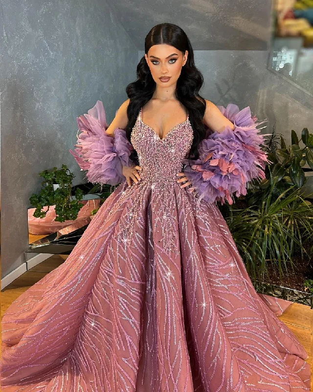 Pink Shimmering Ball Gown with Short Feathered Cape Tunic Top Casual