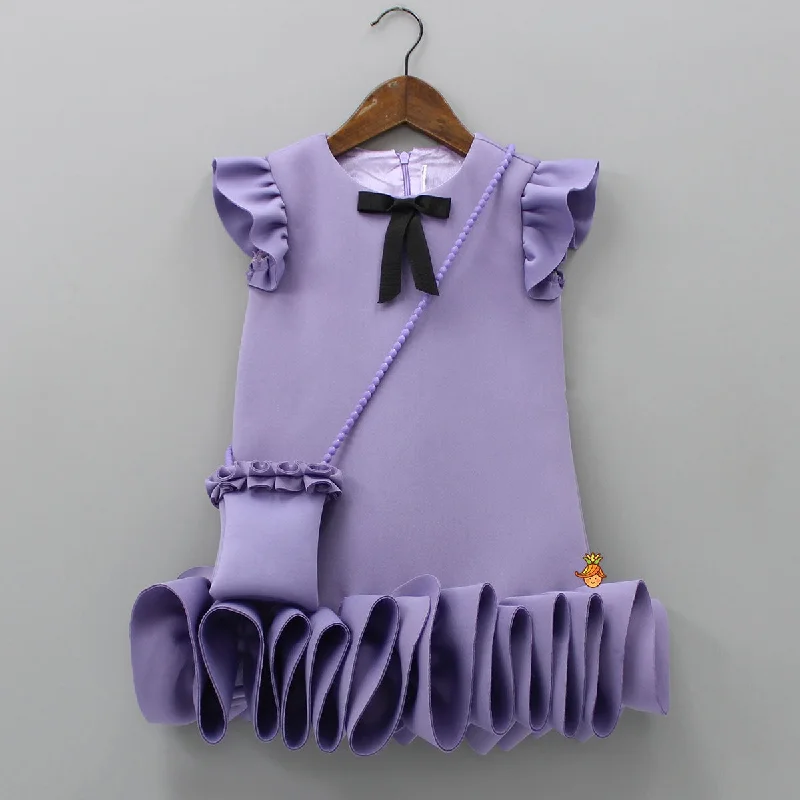 Pre Order: Elegant Lavender Ruffle Dress With Matching Sling Bag Cowl Neckline Elegant