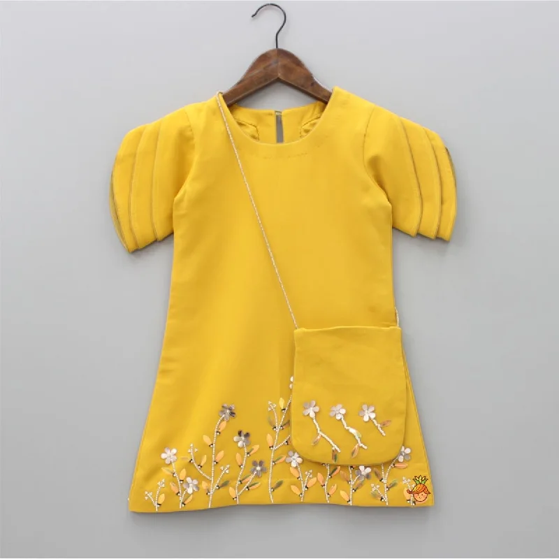 Pre Order: Mustard Floral Embroidered Stylish Layered Sleeves Dress With Sling Bag Tunics stripes playful