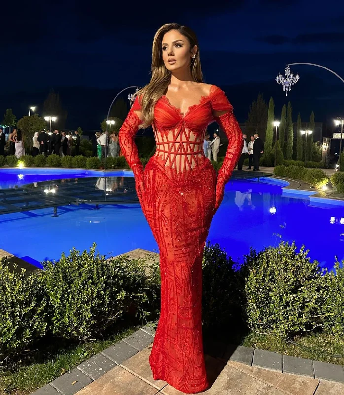 Red Beaded Dress with Boned Corset & Gloves Boat Neckline Classic