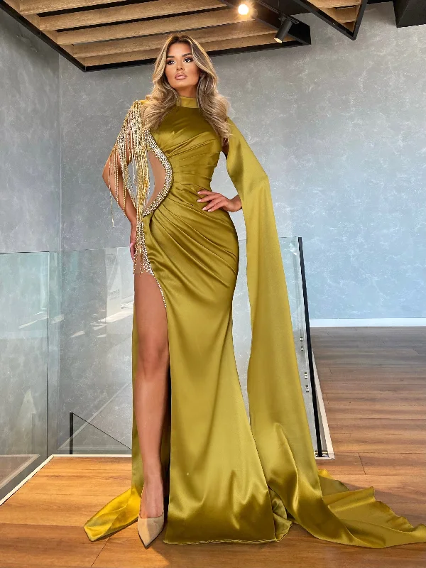 Side Cut-Out Cape Sleeve Olive Dress Tunics Wedding white