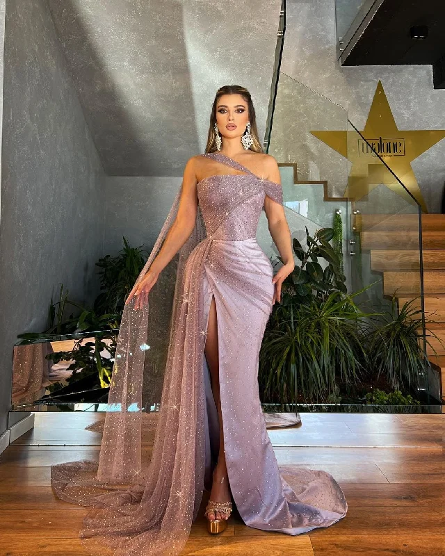 Side Slit Dress with Sparkling Shimmering Tulle Cape Tunics Floral girly