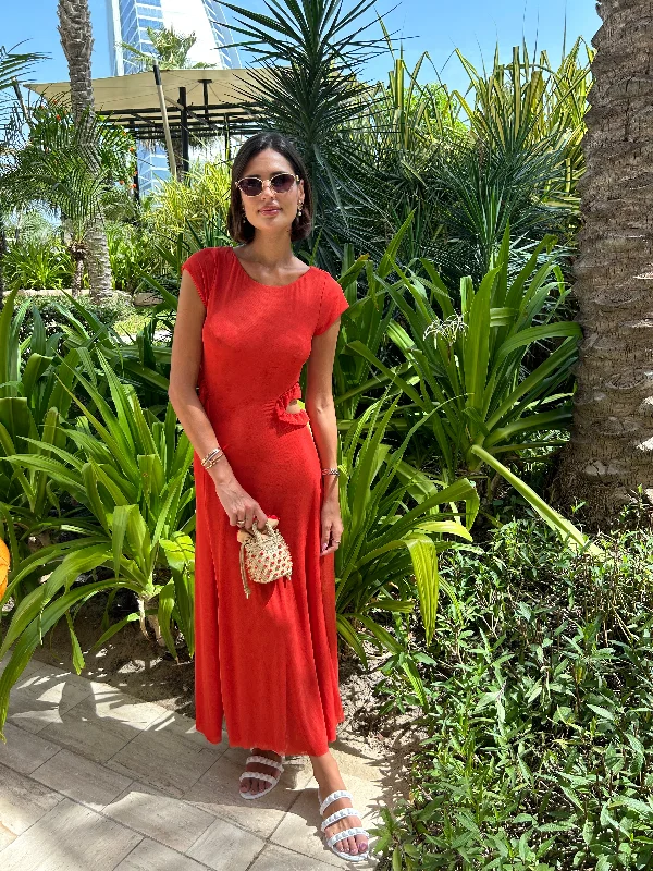 Solid Evie Long Dress Orange Boat Neckline Classic