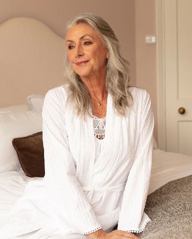 Tessa Lace Trim Seersucker Long Dressing Gown Boatneck Modish Everyday