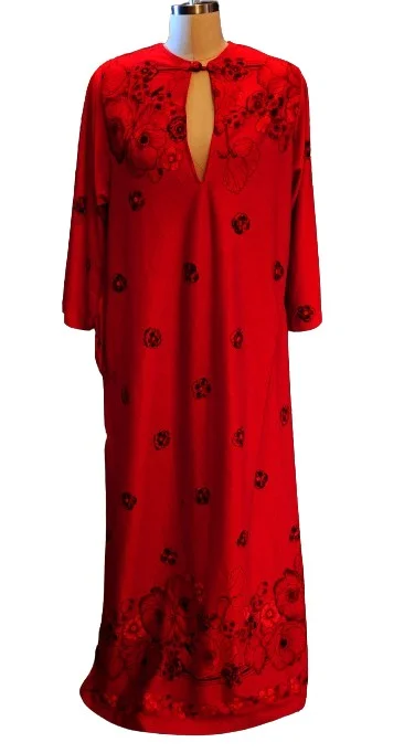 VINTAGE 1960S 1970S T V LOUNGERS ASIAN FLORAL POPPY LOUNGING DRESS SUMMER DRESS CRUISE DRESS VACATION DRESS RED LONG DRESS Tunics Evening elegant
