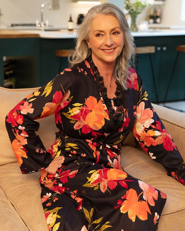 Winnie Lace Detail Black Floral Print Long Dressing Gown Tunics Satin smooth