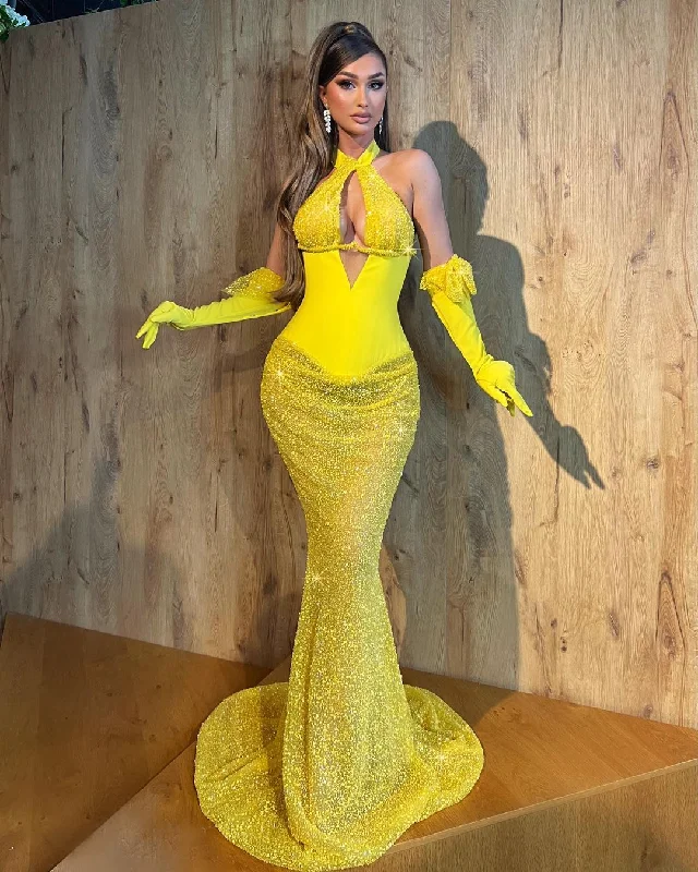 Yellow Halter Beaded Dress with Gloves Turtleneck Warm Winter