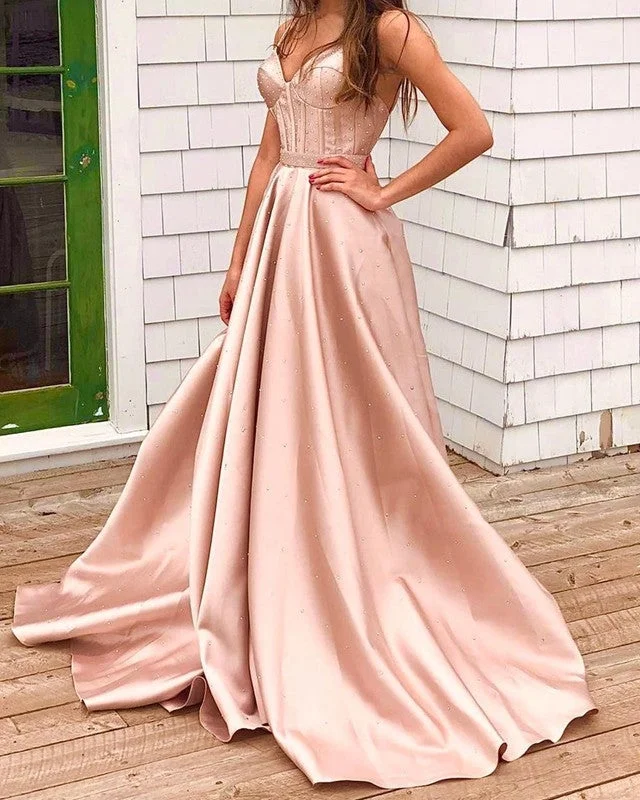 Spaghetti Straps V Neck Satin Prom Long Dresses Beaded Corset Tunics Canvas sturdy