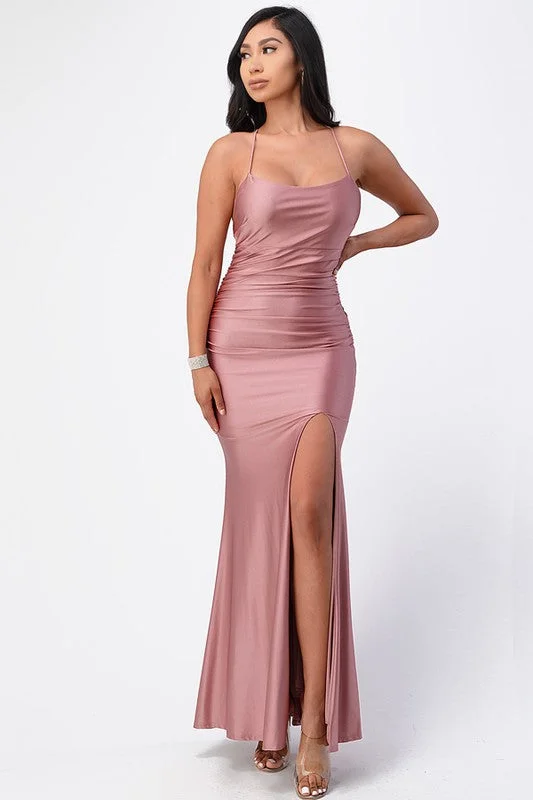 Back Lace Up mermaid Dress with Waist Shirring Tunics Silk luxurious
