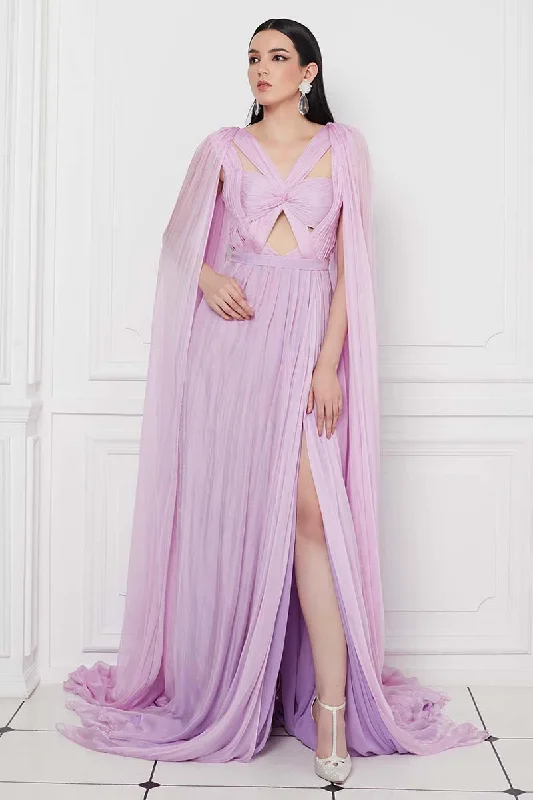 Cape Effect Silk Chiffon Gown with Wrapped Bodice and Side Slit in Lilac Tunics Business professional