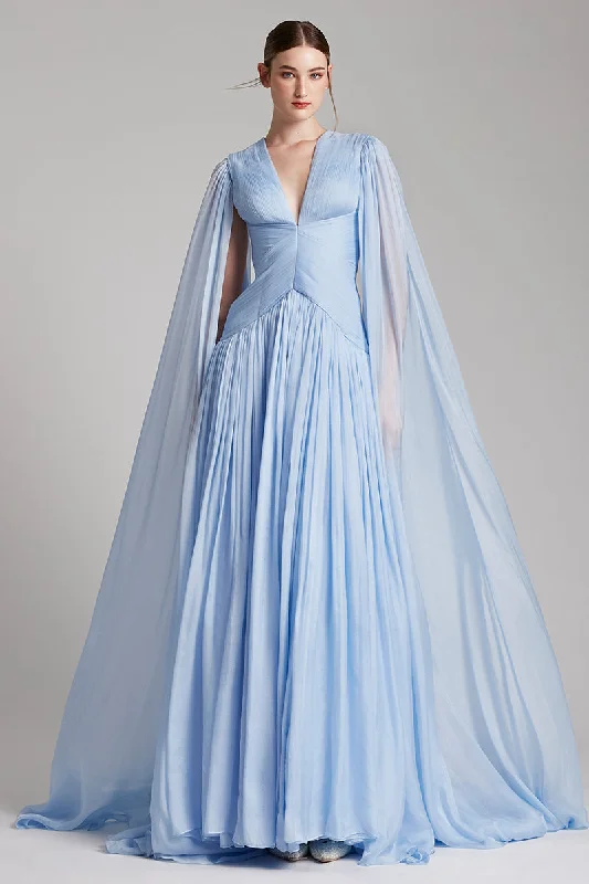 Cape Effect SIlk Chiffon Gown with Draped Bodice with side slit Tunics Mesh breathable