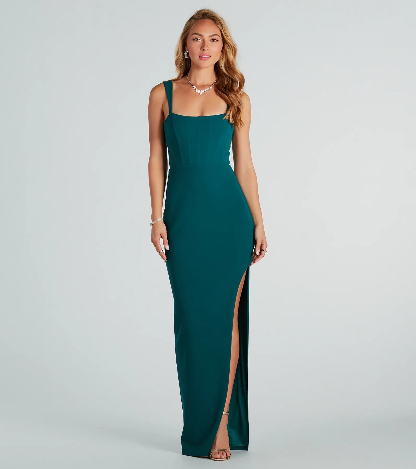 Diana Formal Crepe Corset Slit Long Dress Tunics Sophisticated sleek