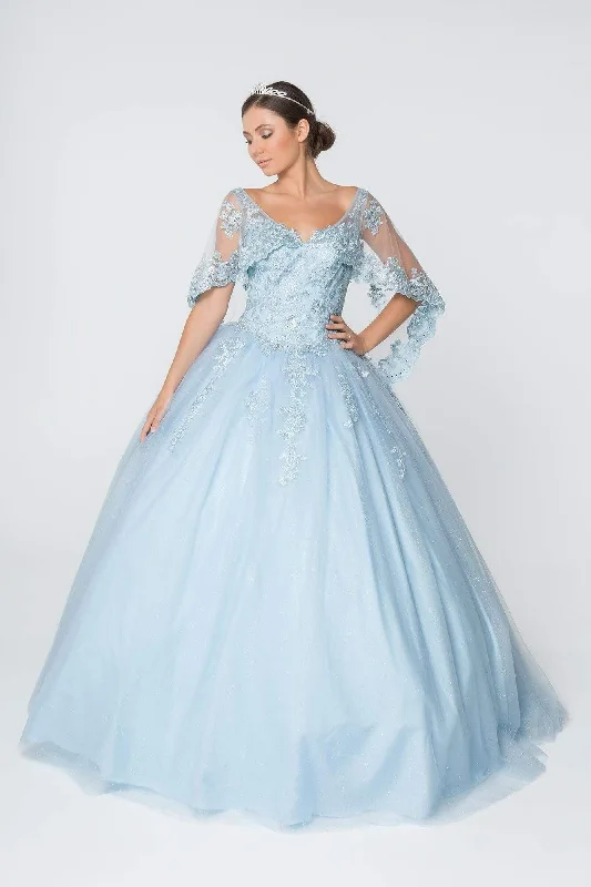 Elizabeth K - GL2800 Sheer Cape Sleeve Appliqued Glitter Ballgown Tunics Satin smooth