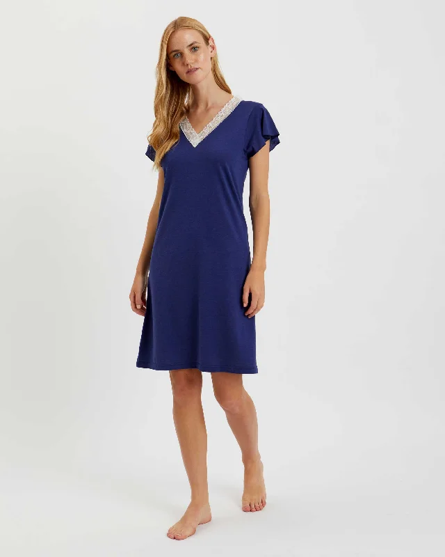 Women's Jersey Ella Short Nightdress - Midnight Boat Neckline Classic