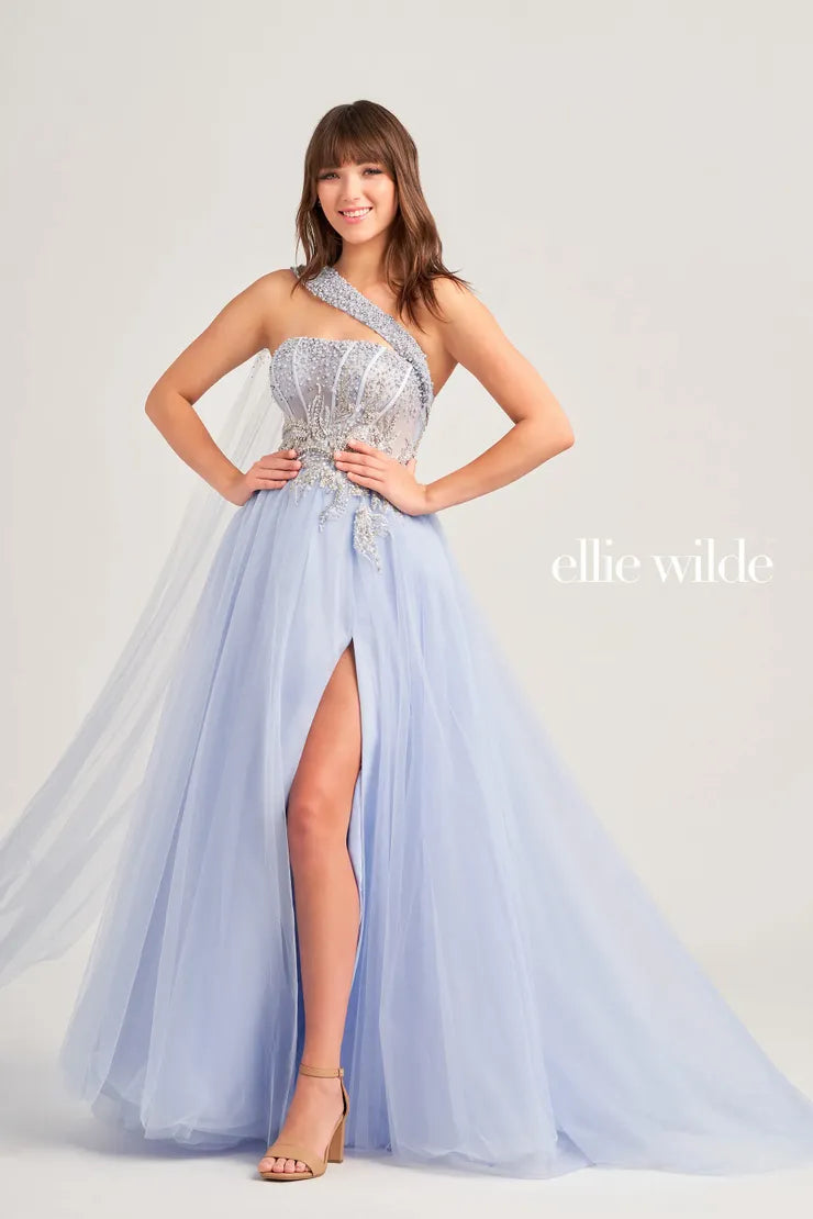 Ellie Wilde EW35090 A Line Cape Maxi Slit Sheer Corset Dress Formal One Shoulder Gown Shift Classic Vintage