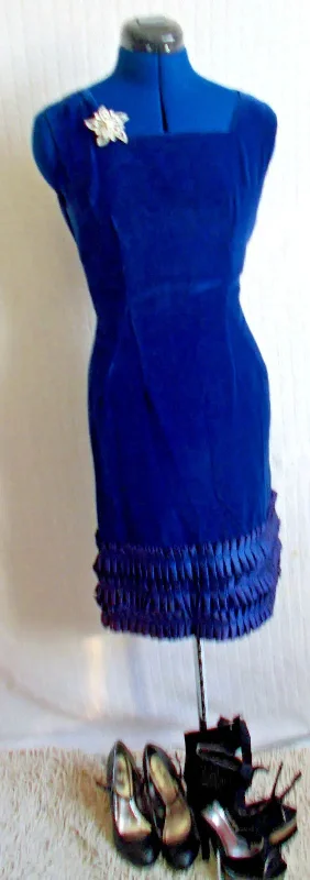 Glamourous,VINTAGEMidnight Blue Velvet Vintage Designer Dress, ruffled satin hem Boatneck Modish Everyday