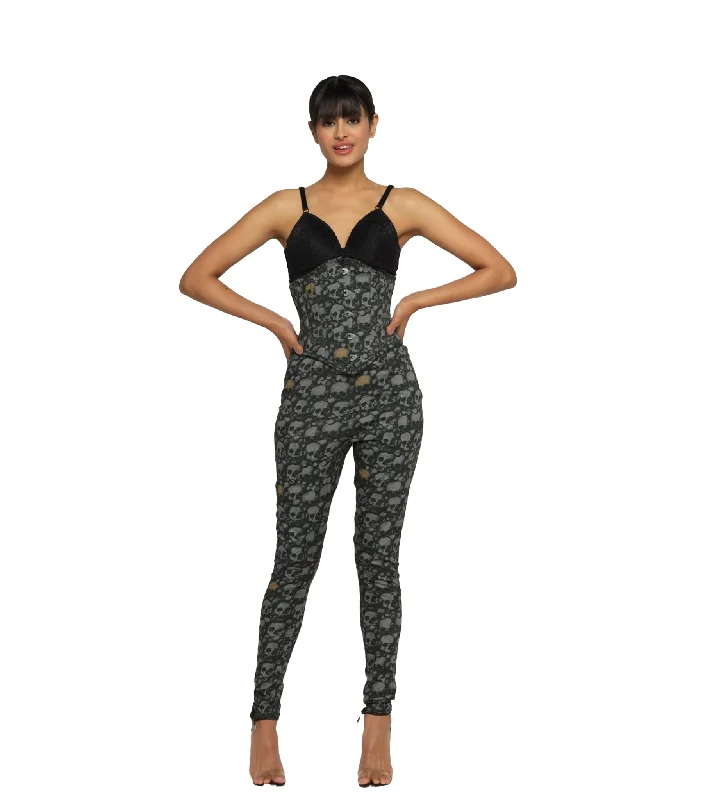 Grey Skull printed Waist Reducing Authentic Steel Boned Sexy Underbust Corset Dress Tunics Floral girly