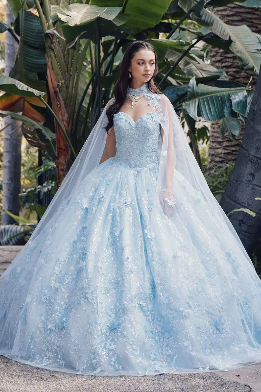 Juliet JT1449J Poofy Strapless Sweetheart Quinceanera Gown Includes Cape Halter Neckline Beach