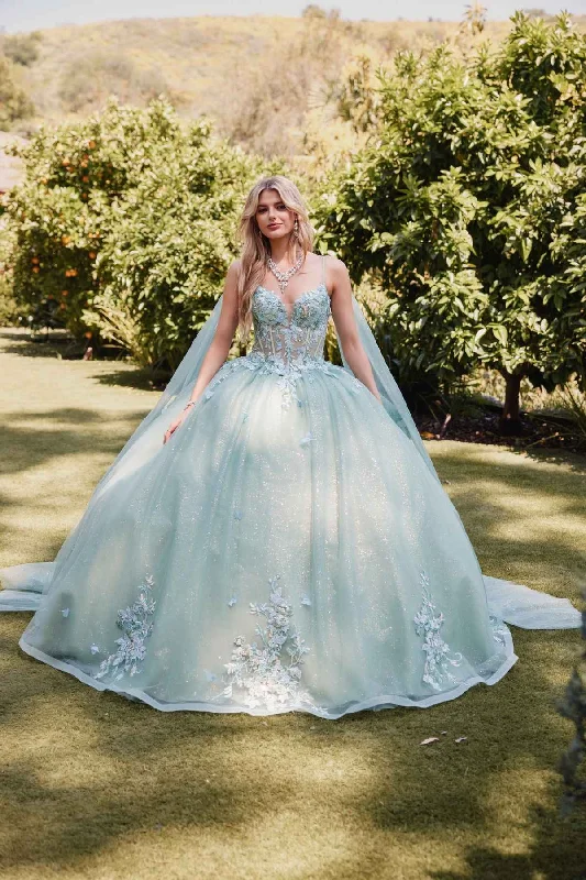 Juliet JT1466H Dress 3D Multi Floral Applique Cape Sleeve Quinceanera Gown Tunics Designer luxury