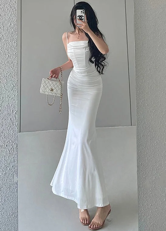 Katty Solid Color Slim Fishbone Corset Skinny Pleated Fishtail Slip Long Dress Tunics Sophisticated sleek