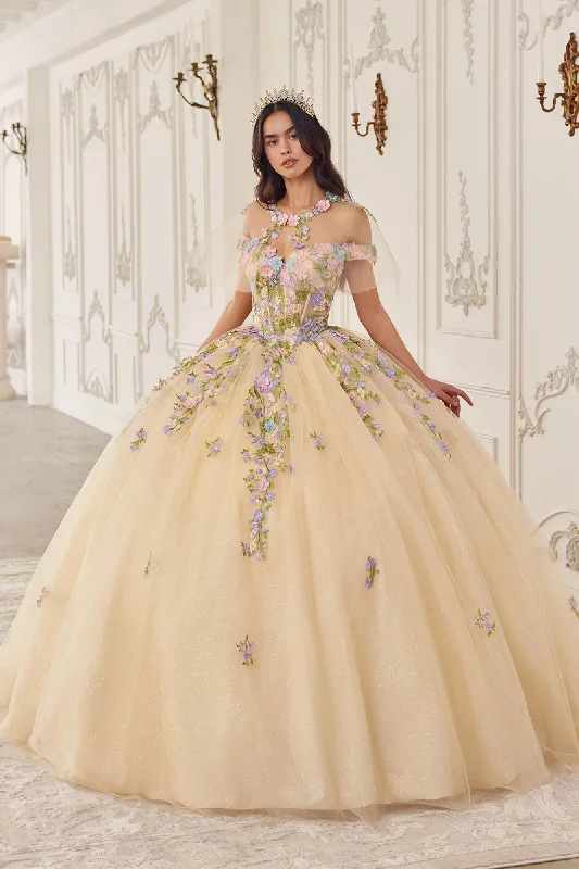 Ladivine 15724 Floral Lace Applique Quinceanera Gown Removable Capelet Tunics Chic elegant