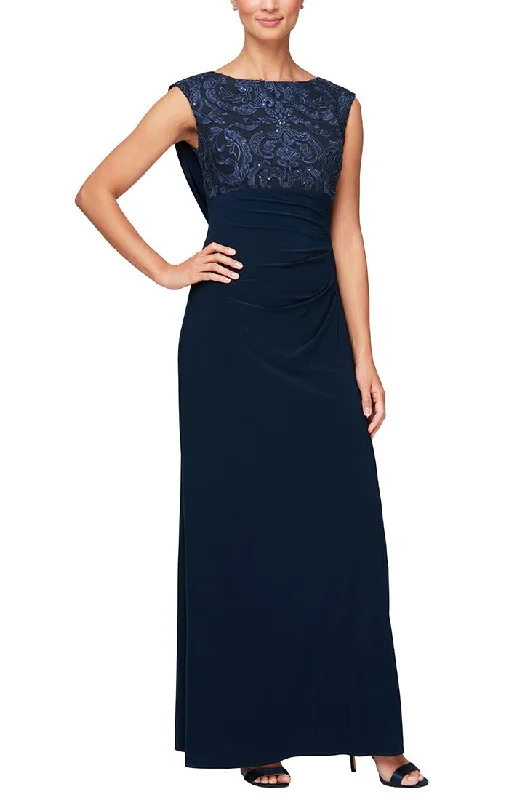 Cap Sleeve Empire Waist Dress with Matte Jersey Body and Cowl Back Detail with an Embroidered Sequin Lace Bodice Tunics Leisure comfortable