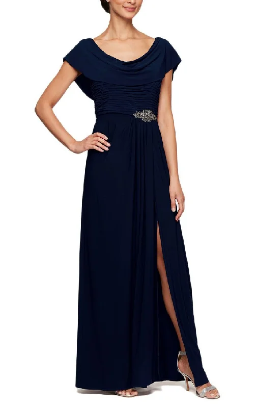 Long Cowl Neck A-Line Matte Jersey Dress with Pleated Bodice Detail, Cowl Back, and Embellishment Detail at Waist Tunics Denim casual