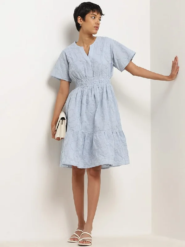LOV Powder Blue Smocked Waisted Cotton Tiered Dress Tunics Distressed trendy