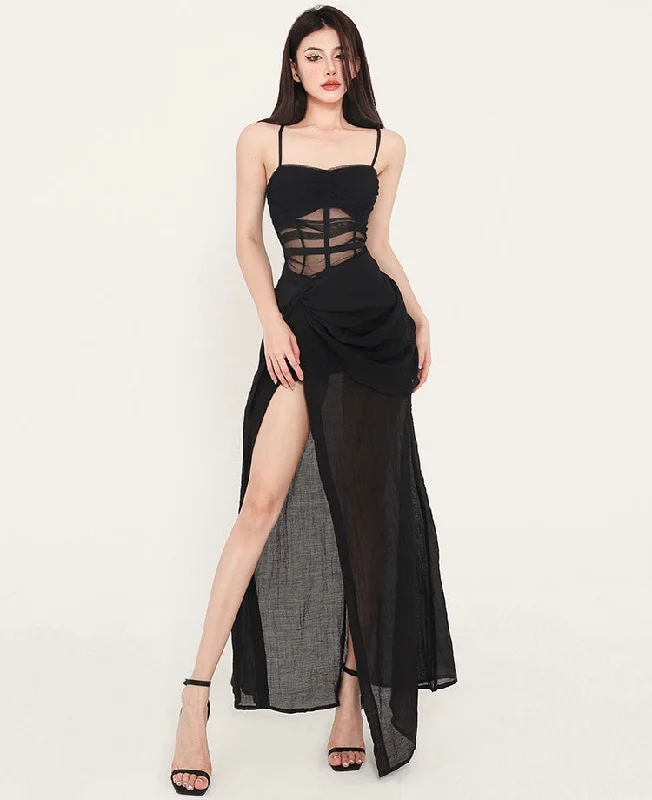 Mayleen Solid Color Black Mesh See Through Corset Spaghetti Strap Side Slit Long Dress Tunics Practical easy-care