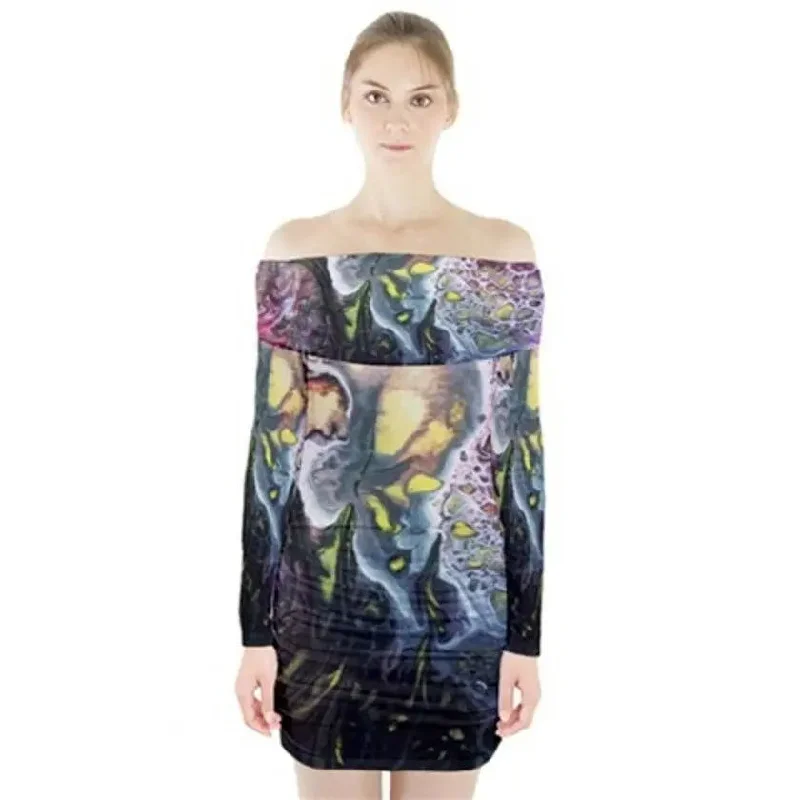 MOONSCAPE Exclusive OriginalDesigner LONGSLEEVE,OFF SHOULDER DRESSize:Med10-12uk Tunics Trendy modern