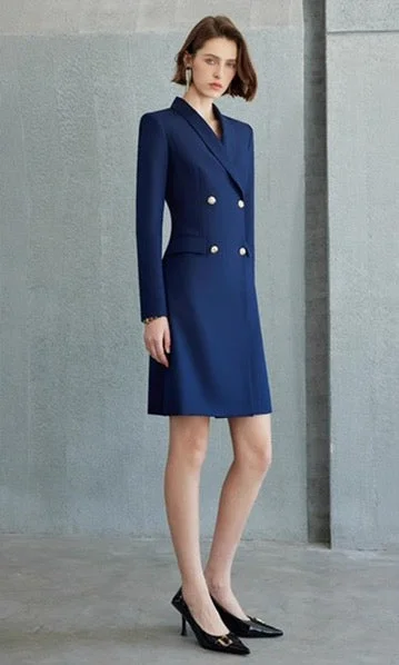 Navy Double-Breasted Blazer Dress Women's Boutique Jacket