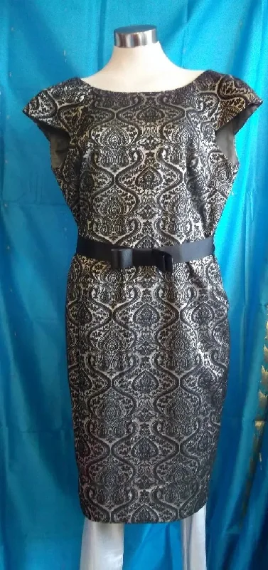 Next size14, exquisite gold&black dress, lined,waist ribbon tie,mid calf, Tunics Sophisticated sleek