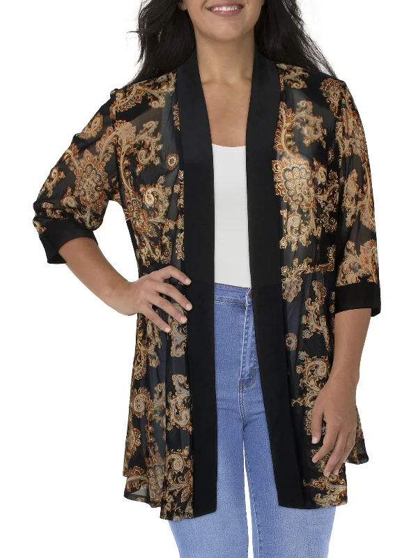 Plus Womens Mesh Printed Duster Blazer Cotton Blend Blazer