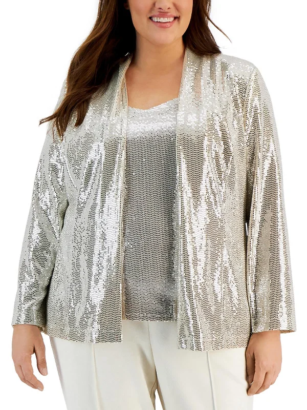 Plus Womens Metallic Dressy Open-Front Blazer Women's Fashion Blazer