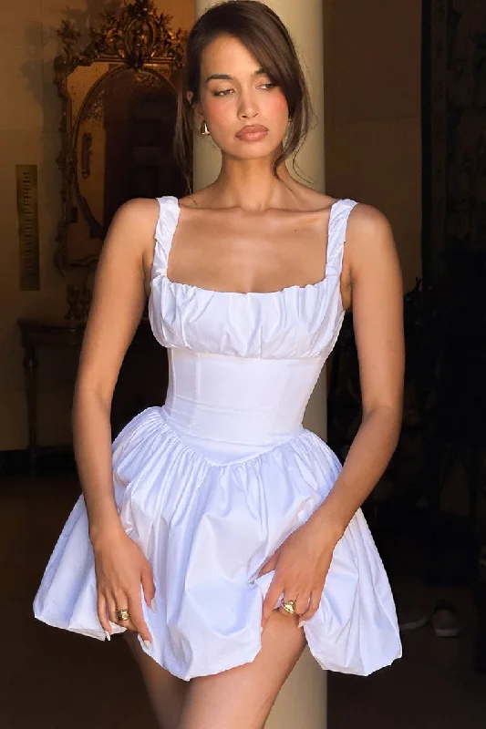 Puffy Square Neck Ruched Corset Drop Waist Cotton Blend Bubble Mini Sundress Tunic Top Casual