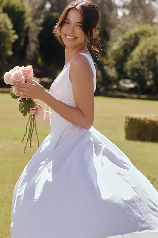 Sexy Bow Tie Deep V Ruched Drop Waist Pocket Corset Midi Sundress - White Cowl Neckline Elegant