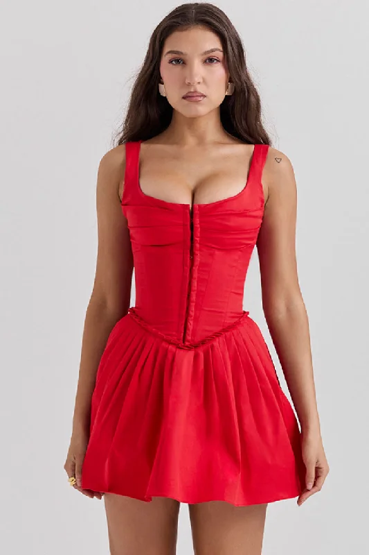 Sexy Hook & Eye Drop Waist Pleated Corset Summer Mini Sundress - Red Shift Classic Vintage