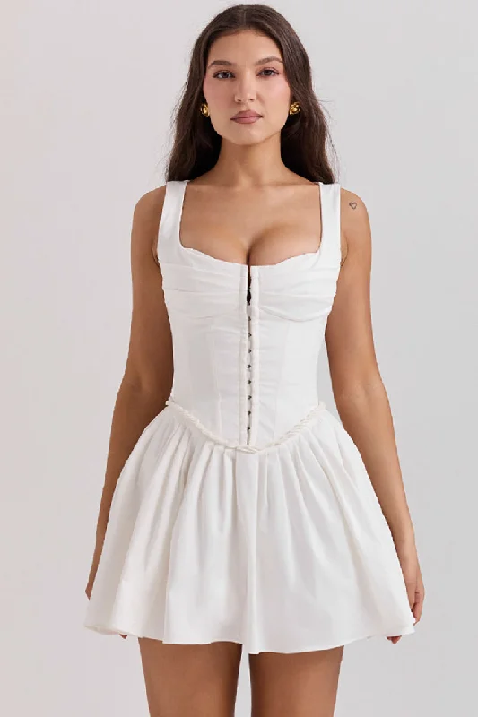Sexy Hook & Eye Drop Waist Pleated Corset Summer Mini Sundress - White A-Line Day Work