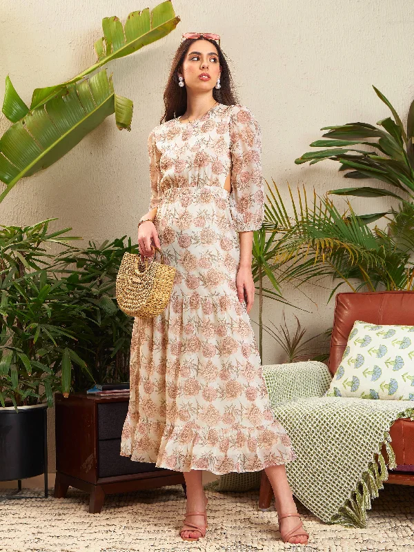 Women Cream Floral Waist Cut-Out Tiered Dress Tunics Brand named