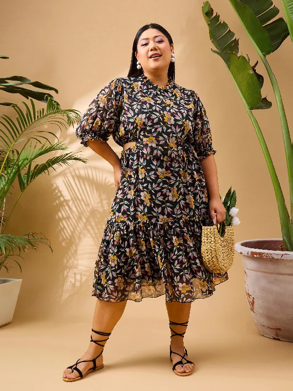 Women Black Floral Waist Cut Out Dress Tunics Review highly