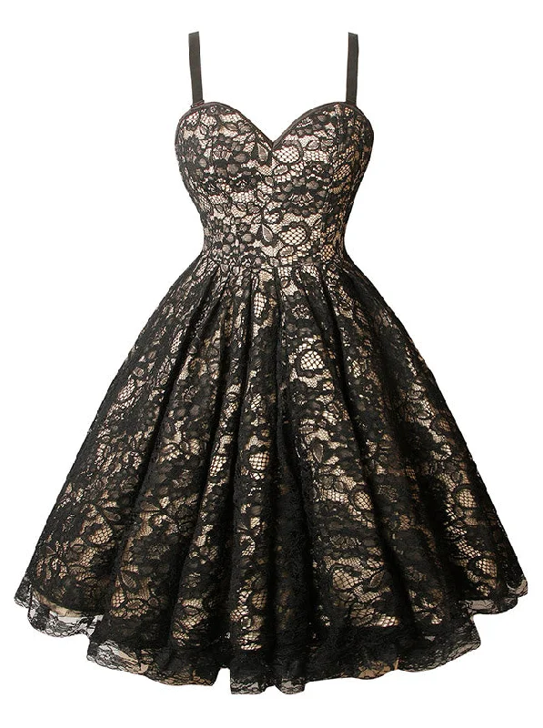 Women Spaghetti Strap Floral Embroidery Pleated Hem High Waist  A-line Lace Corset Dress Boatneck Modish Everyday