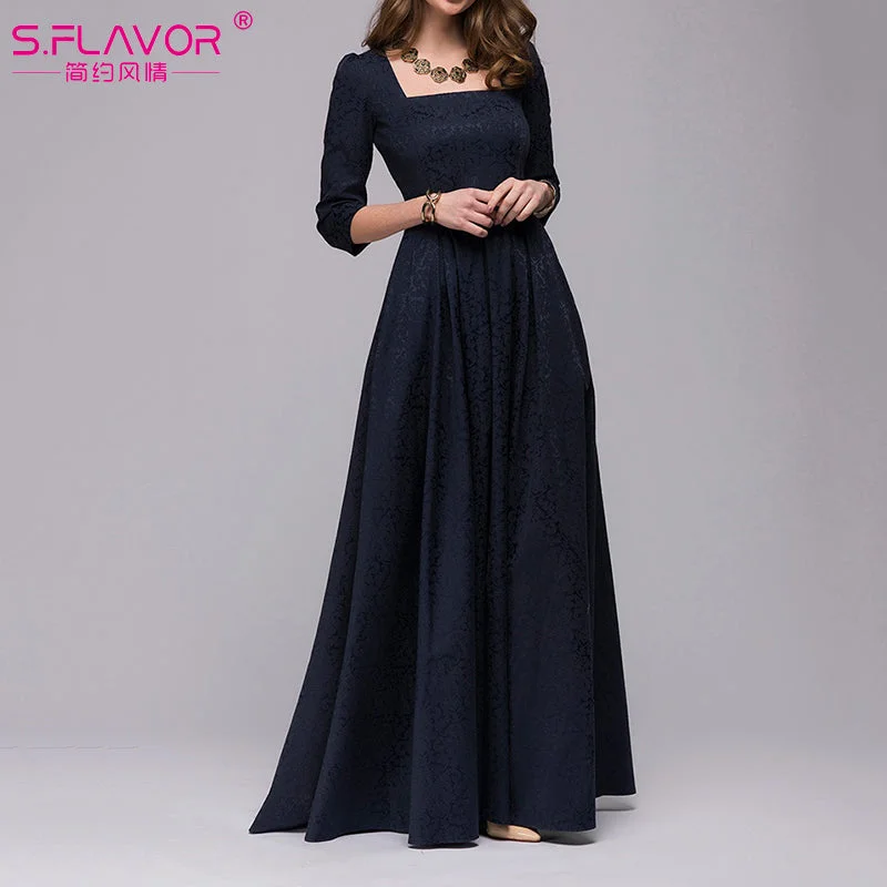 Women Vintage square collar long dress New Elegant solid color three quarter sleeve vestidos Casual autumn winter dress S.FLAVOR Tunics Fall fleece