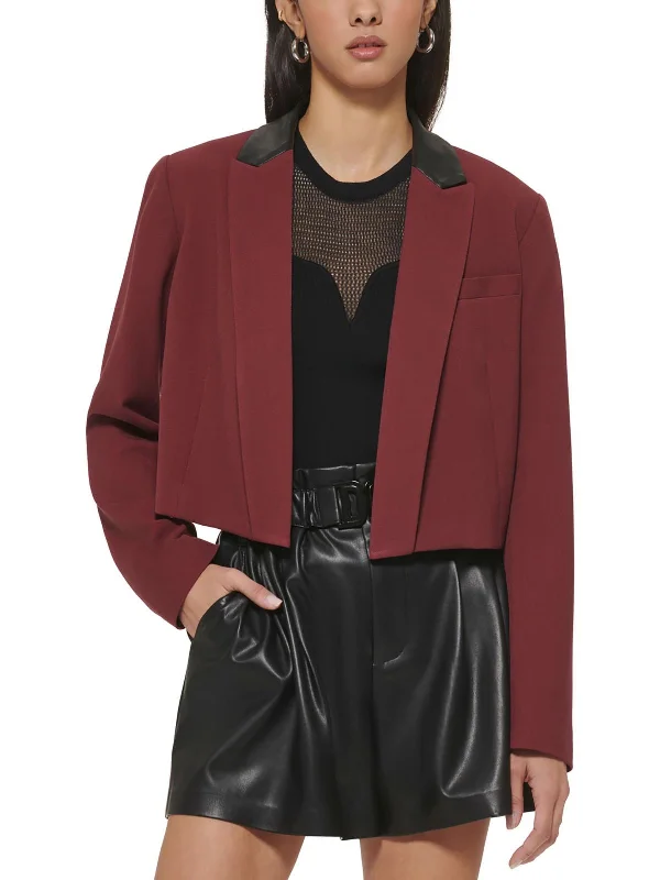 Womens Faux Leather Trim Crop Open-Front Blazer High-End Women's Suit