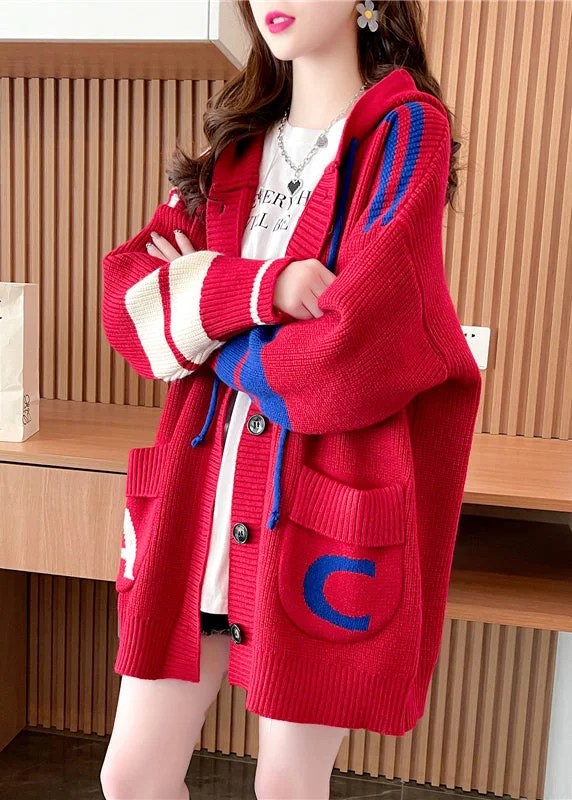 Cozy Red Hooded Pockets Button Patchwork Knit Cardigans Coat Fall Solid Print Embellished
