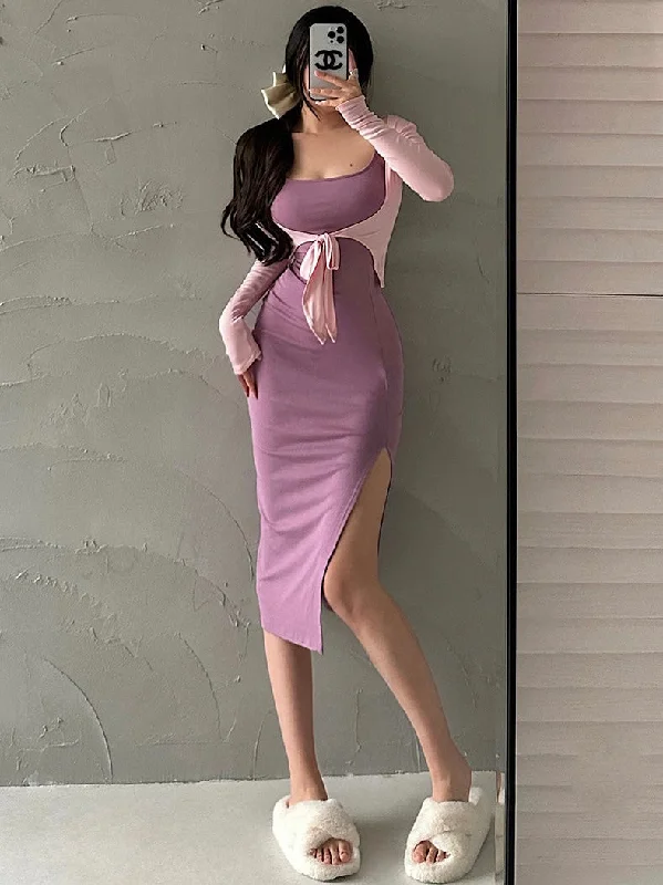 Jaine Solid Color Side Split Slim Long Sleeve Tight Wrap Dress Cardigan Set Jersey Fabric Tulle Fabric Batik Fabric